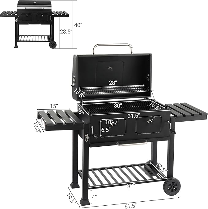 Charcoal Grill with Side Table, Outdoor BBQ Grill, Rolling Charcoal Grills Portable BBQ Camping Barbecue Grill for Garden, Movable Charcoal Grill with Foldable Side Tables, Outdoor Barbecue Grill