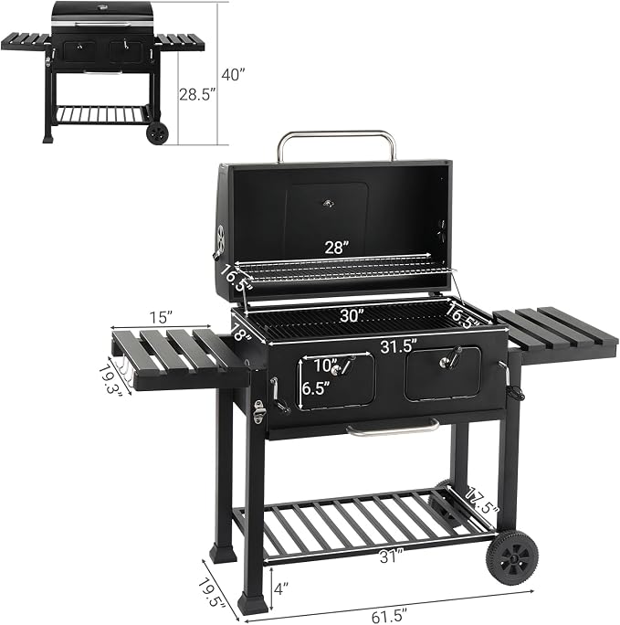 Extra Large Charcoal Grill, Outdoor BBQ Grill with Dual Adjustable Charcoal Doors, Foldable Side Tables for Backyard, Camping, and Picnic Cooking, Black