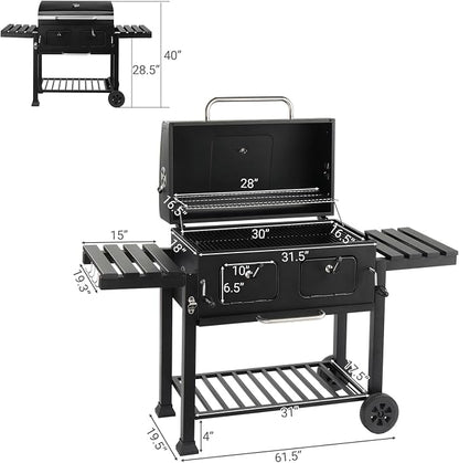 Extra Large Charcoal Grill, Outdoor BBQ Grill with Dual Adjustable Charcoal Doors, Foldable Side Tables for Backyard, Camping, and Picnic Cooking, Black