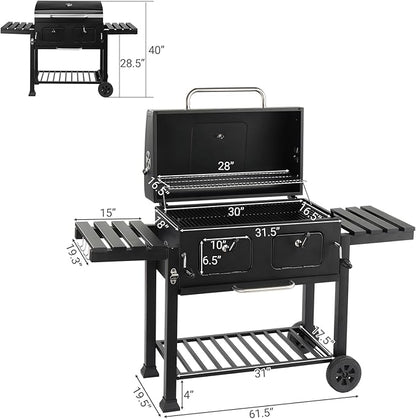 61.5in Outdoor BBQ Grill,Large Camping Barbecue Grill,Outdoor Cooking Charcoal Grills,Portable Vertical BBQ Grills,with Foldable Side Tables & Wheels,for Garden Patio Beach Backyard (Black)