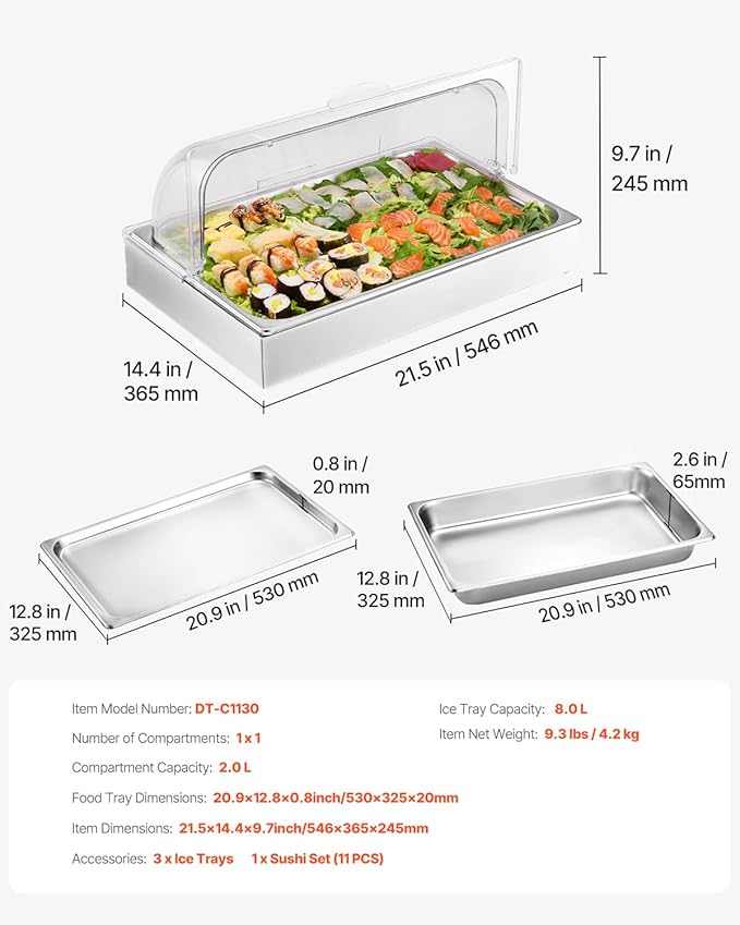 VEVOR Countertop Food Serving Display Container, 1 x 1 Pan Stainless Steel Food Serving Tray, Buffet Condiment Dispenser Display Rack with Clear Lid & 3 Ice Trays, for Restaurant Hotel Kitchen Party