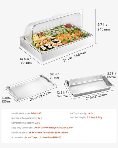 VEVOR Countertop Food Serving Display Container, 1 x 1 Pan Stainless Steel Food Serving Tray, Buffet Condiment Dispenser Display Rack with Clear Lid & 3 Ice Trays, for Restaurant Hotel Kitchen Party