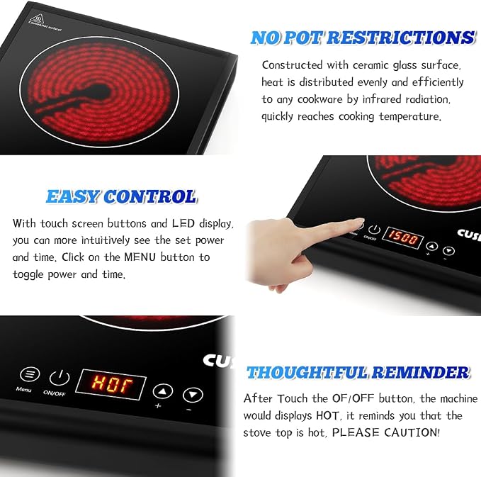 CUSIMAX Hot Plate 1500W Infrared Burner with Touch Panel, LED Display, Adjustable Power and Time 2h, Portable Electric Stove Crystal Glass Countertop Burner, Compatible with All Cookware