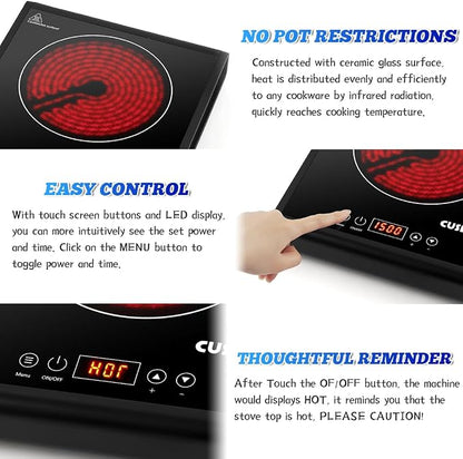 CUSIMAX Hot Plate 1500W Infrared Burner with Touch Panel, LED Display, Adjustable Power and Time 2h, Portable Electric Stove Crystal Glass Countertop Burner, Compatible with All Cookware