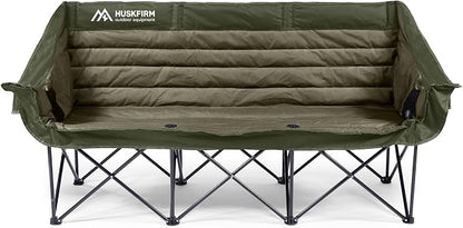 Huskfirm 3 Person Camping Chairs Folding Double Camp Chair for Adults Green | Oversized Loveseat Camping Chair Padded Heavy Duty Camping Couch for Outdoor Lawn with Two Cup Holders and Carry Bag