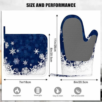 Mxocom Merry Christmas Snowflake Silicone Oven Mitts and Pot Holders Sets Winter Blue Frosty Snow Christmas BBQ Gloves for Kitchen,Cooking,Baking,Grilling