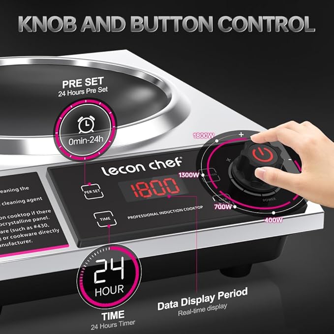 leconchef Induction Cooker with Wok 1800W Professional Electric Induction Burner with 11-Level Setting for Cooking,24-hour Timer and Preset,Keep warm,14" Carbon Steel Wok Included