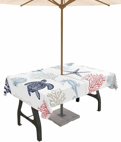 Blue Red Coastal Outdoor Tablecloth - 52x70 Inch Rectangle Waterproof Dining Table Cover, Nautical Summer Beach Coral Sea Turtle Outdoor Table Cloth with Umbrella Hole & Zipper for Patio