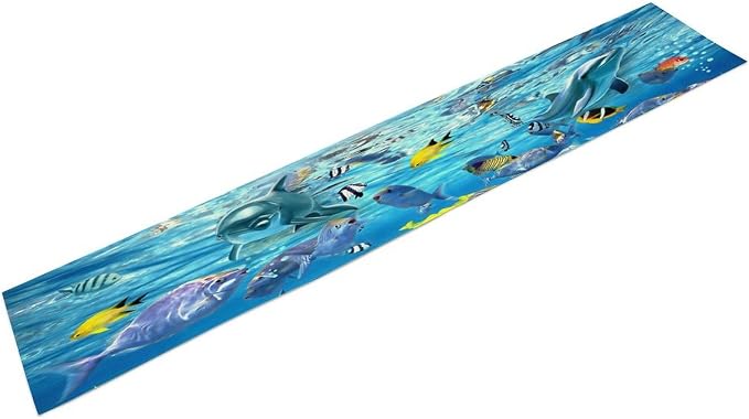 Under Sea World Table Runner, Ocean Underwater Tropical Animal Fish Dolphin Summer Pattern for Family Dinner Holiday Party Kitchen Vintage Nautical World Map Underwater Ocean Animals 13x90In