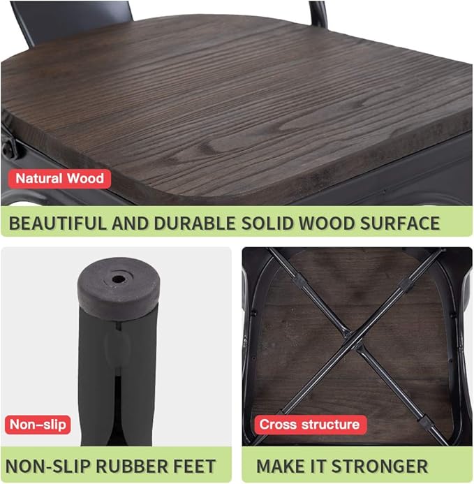 FDW | Metal Dining Chairs with Wooden Seat | Set of 4 | Black | Stackable Tolix Side Chairs with Backrest | Scratch-Resistant | Non-Slip Feet | Indoor/Outdoor Use | 330 lbs | for Dining & Kitchen