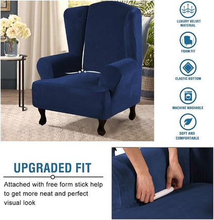 H.VERSAILTEX Wingback Chair Covers Velvet Plush Wing Chair Slipcover 1 Piece High Stretch Wing Back Chair Slipcovers Sofa Cover Furniture Cover with Elastic Bottom, Navy