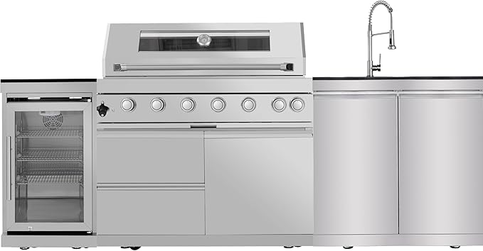 96 Inches 6-Burner 72,000 BTU Deluxe Stainless Steel Propane Gas Grill Outdoor Kitchen Island,Sink,Storage Cabinet and Beverage Refrigerator Storage&Drawers for Patio Backyard,Silver