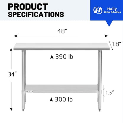Hally Stainless Steel Table 18 x 48 Inches, NSF Commercial Prep Table | Spacious, easy-clean surface for kitchens and food trucks; adjustable undershelf, leveling feet, kitchen island station.