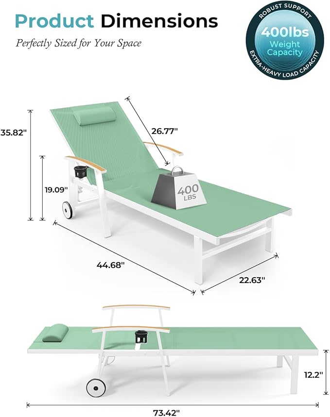 Ciokea Outdoor Lounge Chair with Pillow Set of 2, 5-Position Aluminum Chaise Lounge with Wheels & Armrests, 400 lbs Heavy Duty Patio Pool Chair for Backyard, Deck, Beach & Poolside, Light Green