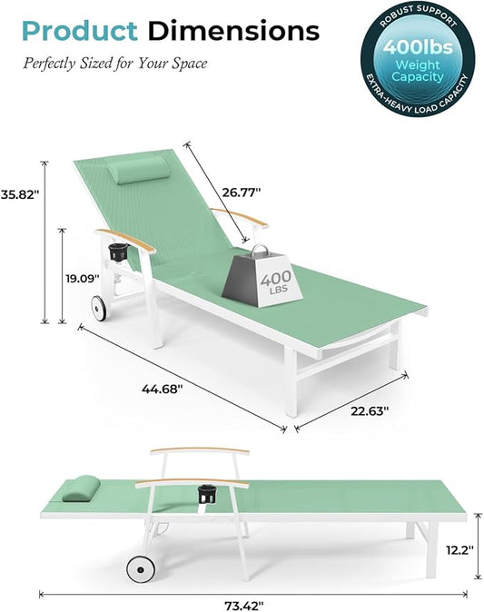Ciokea Outdoor Lounge Chair with Pillow Set of 2, 5-Position Aluminum Chaise Lounge with Wheels & Armrests, 400 lbs Heavy Duty Patio Pool Chair for Backyard, Deck, Beach & Poolside, Light Green