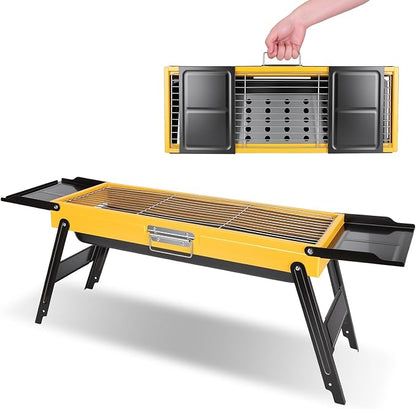 Portable Charcoal Grill Stainless Steel, Small Foldable BBQ Suitcase with Portable Side Shelves & Heat Resistant, Lightweight Tabletop Barbecue for Camping Picnic Backyard Beach Travel