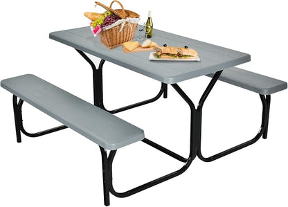 Picnic Table, Outdoor Dining Table with 2 Benches, Wood Grain Tabletop, Heavy Duty Metal Frame, Portable Picnic Table for Outdoors Backyard Garden Lawn Patio Poolside Deck (Grey)