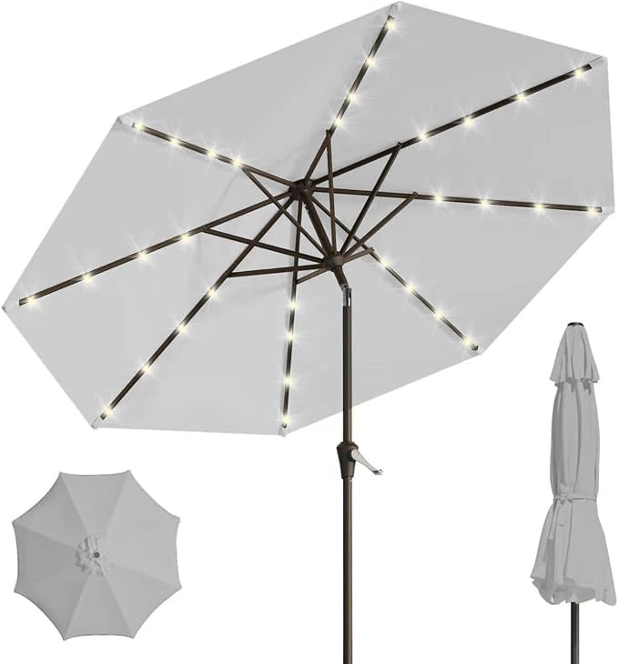 9' Solar LED Patio Umbrella with Tilt & Crank|8 Sturdy Ribs,UV Protection,Outdoor Market Table Umbrella for Deck,Lawn,Pool,Backyard(Light Gray)