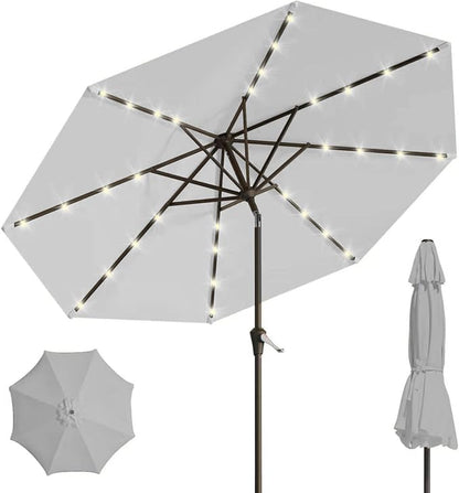 9' Solar LED Patio Umbrella with Tilt & Crank|8 Sturdy Ribs,UV Protection,Outdoor Market Table Umbrella for Deck,Lawn,Pool,Backyard(Light Gray)
