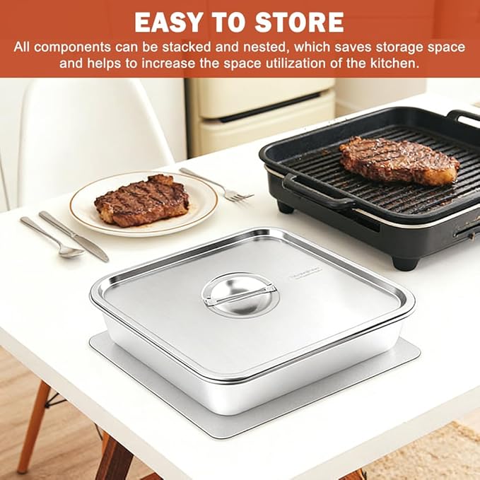 Grilling Prep and Serve Tays, 4pcs Stainless Steel Large Capacity Food Prep Tray Grill Carry System, BBQ Grill Tray Set Marinade Container with Lid and Cutting Board for Outdoor(Color:Silver)