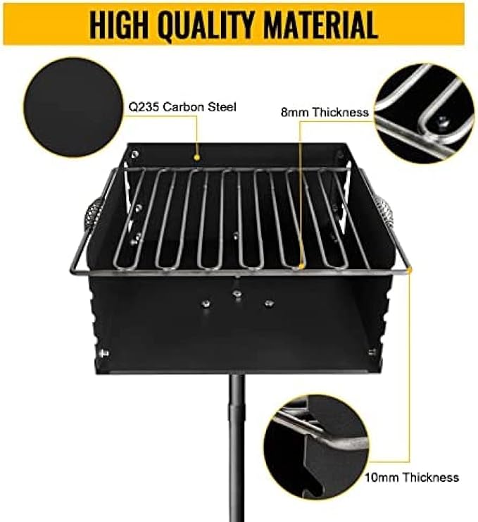 Park Style Charcoal Grill With Grate, Single Post Carbon Steel 50 Inch Height Pole, Heavy Duty Outdoor Park Grill For BBQ, Camping, Backyard,16x16 Inch