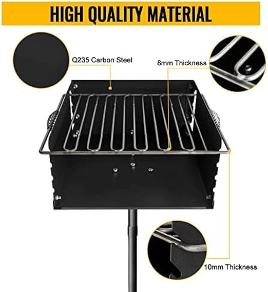 Park-Style Charcoal Grill, Heavy Duty Steel Outdoor BBQ Grill with Grate and Plate, Single Post Carbon Steel Park Grill for BBQ, Camping, Backyard,16x16 Inch