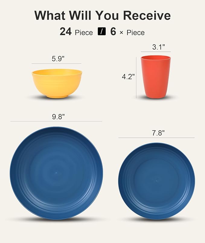 Quatish 24 Piece Plates and Bowls Sets for 6, Unbreakable Dinnerware Sets, Dish Set for Camping, Dishwasher Microwave Safe, Outdoor Kitchen and Apartment Dorm Dinning RV Essentials, Multi