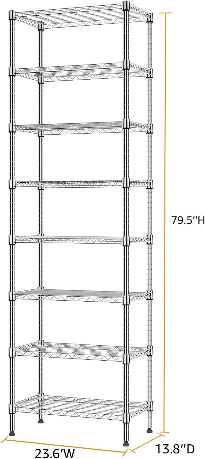 M MZG 8 Tier 2000 lbs Storage Rack Metal Wire Shelving Unit, Storage Standing Shelf Organizer for Laundry Bathroom Kitchen Pantry Closet Garage Utility Room, Chrome 13.8" D x 23.6" W x 79.5" H