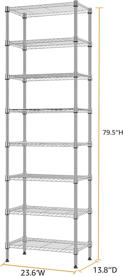 M MZG 8 Tier 2000 lbs Storage Rack Metal Wire Shelving Unit, Storage Standing Shelf Organizer for Laundry Bathroom Kitchen Pantry Closet Garage Utility Room, Chrome 13.8" D x 23.6" W x 79.5" H