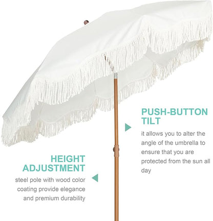 AMMSUN Boho Fringe Umbrella with Beach Blanket, 6.5ft UPF50+ Picnic Umbrella with Tassels with Steel Pole & Push Button Tilt, Antique White