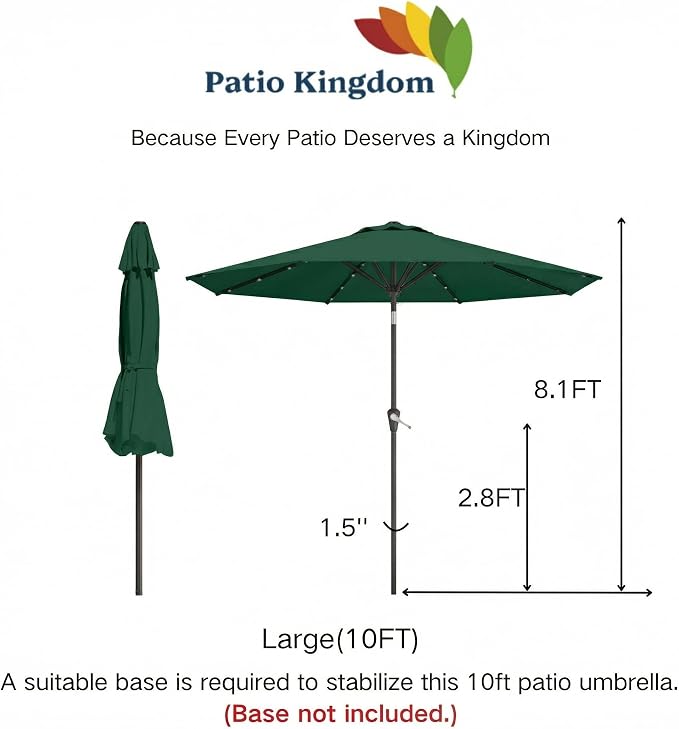 10FT Solar Umbrella 32 LED Lighted Patio Umbrella Table Market Umbrella w/Tilt and Crank, UV-Resistant Outdoor Umbrella for Pool, Garden, Deck, Forest Green
