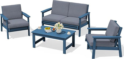 SERWALL 4 Piece HDPE Outdoor Furniture Set, All Weather Wood-Like Outdoor Sofa Sectional Couch, Blue Patio Furniture Set with Grey Cushions