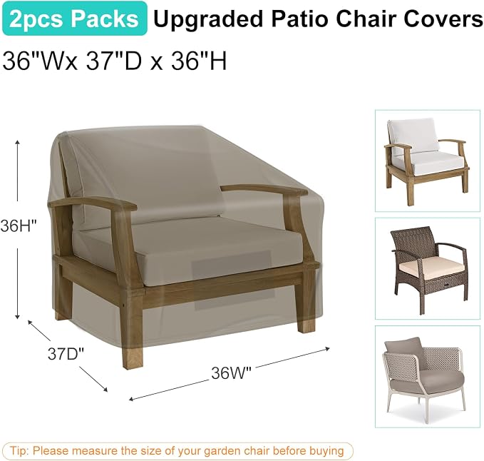 2 Pack Outdoor Patio Chair Covers Waterproof 36"Wx37"Dx36"H, Brown | Patio Furniture Covers Protect from Rain, Dust & UV; Heavy-Duty Oxford Fits Lounge, Deep Seat & High Back Chairs on Lawns