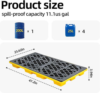Drum Spill Containment Pallet | 2000Lbs Heavy-Duty Leakproof Tray with Forklift Pockets | 48"x24"x4" for Garage Basement Industrial Storage