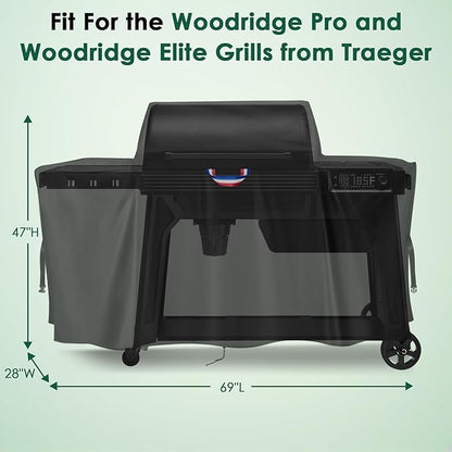 Grill Cover for Traeger Woodridge Pro/Elite Grills, Outdoor Waterproof BBQ Smoker Cover with Top Handles & Adjustable Straps, Pellet Grill Heavy Duty Accessory- 69x28x47 in, Black