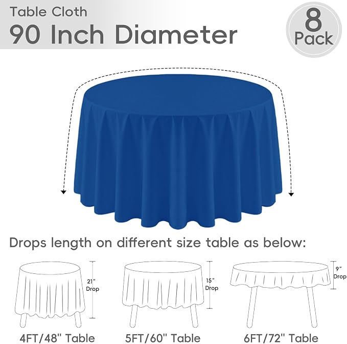 8 Pack Royal Blue Round Tablecloth 90 Inch | For 3Ft-5Ft Round Table, Wrinkle Resistant Table Cloth, Washable Polyester Fabric, For Wedding Party Banquet Buffet Camping