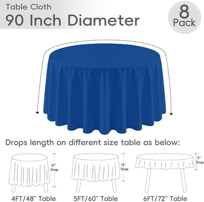 8 Pack Royal Blue Round Tablecloth 90 Inch | For 3Ft-5Ft Round Table, Wrinkle Resistant Table Cloth, Washable Polyester Fabric, For Wedding Party Banquet Buffet Camping