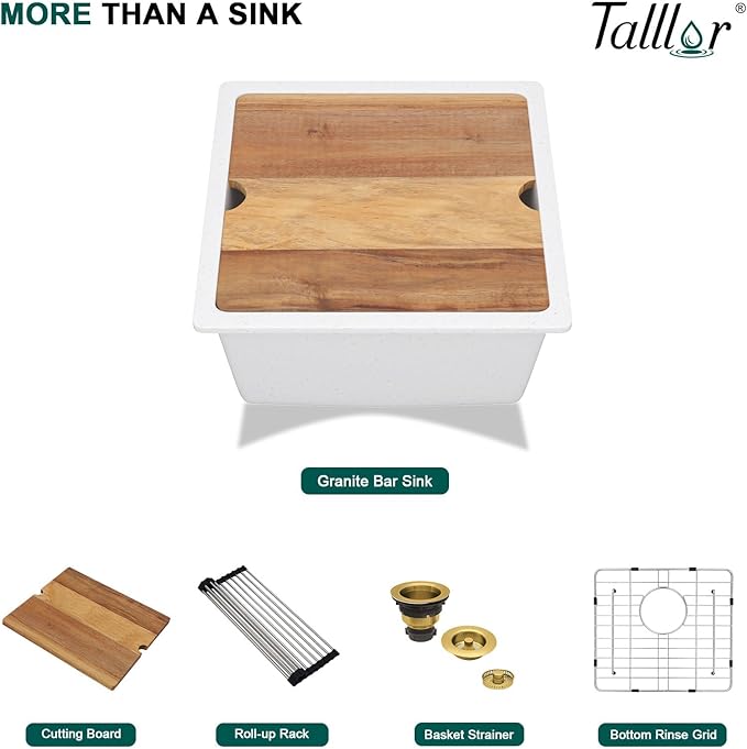 18x18 Inch Undermount Bar Sink Workstation - White Granite Composite All-In One Single Bowl Classic Quartz Wet Prep Sink with Cutting Board for Kitchen Bar, RV, Boat, and Outdoor #TLGU-131