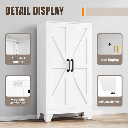 Yizosh Metal Storage Cabinet with 2 Doors and 3 Adjustable Shelves - 47" White Kitchen Pantry Storage Cabinet Locker for Kitchen,Living Room,Dining Room