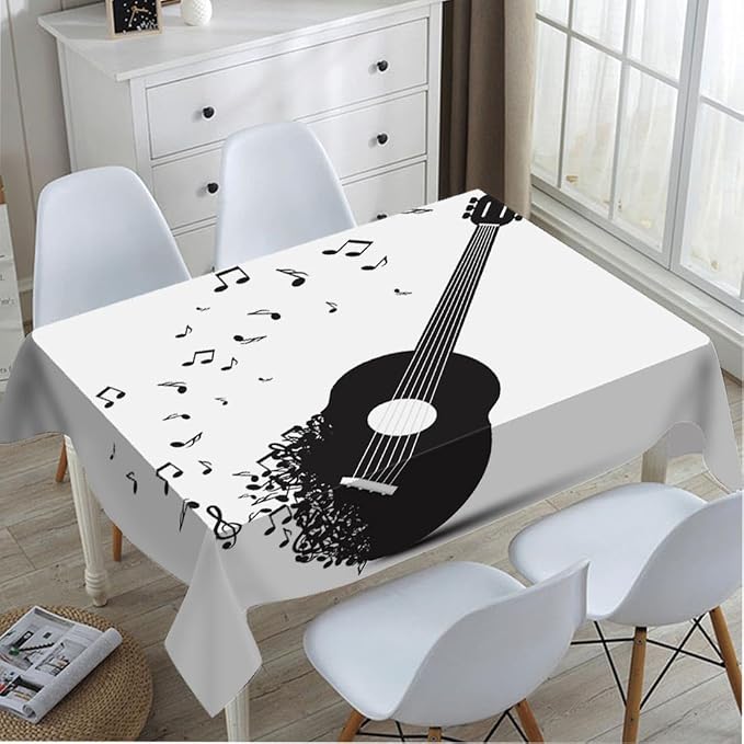 TKS MITLAN Black Guitar with Notes Tablecloth 60x84 Inch Rectangular Classical Music Melody Modern Rock Oblong Table Cloth Kitchen Table Decorations for Home Dinner Party