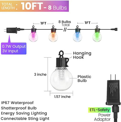 10FT Color Changing String Lights Outdoor- LED Patio Lights with 8 Shatterproof Waterproof RGB Bulbs, Colorful Outdoor Lights for Party Outside Porch Bistro Backyard Garden Decorative