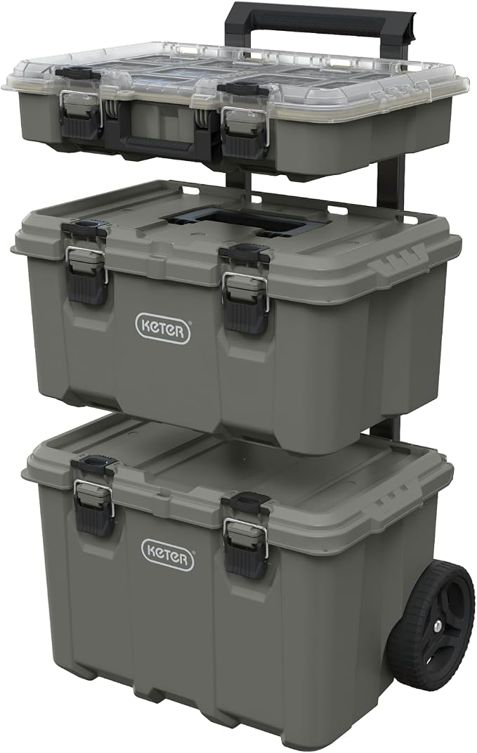 Keter Stack-n-Roll Modular Tools Organizer for Garage Storage and DIY, 3 Piece Resin Rolling Tool Box System for Small Parts | For Camping, Fishing Tackle, Hunting Equipment & RV Accessories, Modular Waterproof Tool Box with Wheels