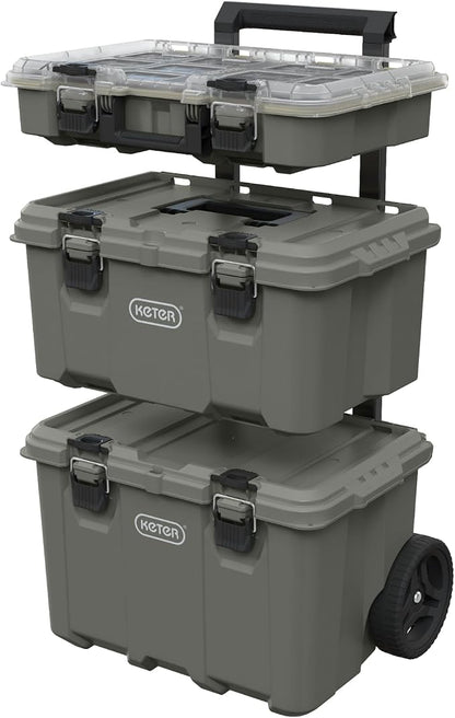 Keter Stack-n-Roll Modular Tools Organizer for Garage Storage and DIY, 3 Piece Resin Rolling Tool Box System for Small Parts | For Camping, Fishing Tackle, Hunting Equipment & RV Accessories, Modular Waterproof Tool Box with Wheels