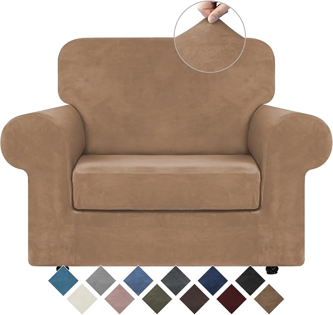 WEERRW Velvet Stretch 2 Pieces Chair Sofa Slipcovers Washable, Light Brown | Armchair Slipcovers Luxury Soft Velvet Plush Furniture Protector Couch Cover with Elastic Bottom for Kids Pets, Small