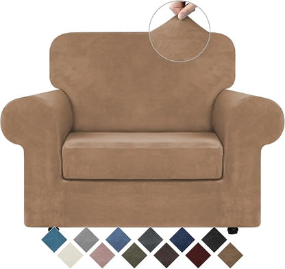 WEERRW Velvet Stretch 2 Pieces Chair Sofa Slipcovers Washable, Light Brown | Armchair Slipcovers Luxury Soft Velvet Plush Furniture Protector Couch Cover with Elastic Bottom for Kids Pets, Small