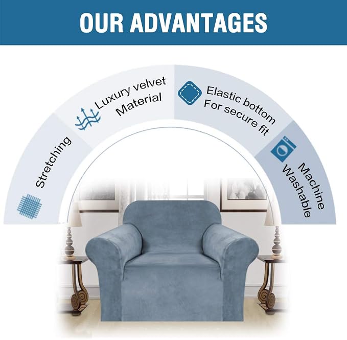 H.VERSAILTEX Stretch Velvet Armchair Cover Couch Covers 1 Cushion Chair Slipcover for Living Room Furniture Cover Crafted from Thick Comfy Rich Velour (Chair 31"-49", Stone Blue)