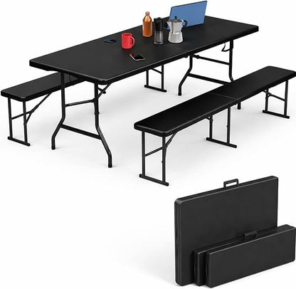 Simpli-Magic 6 Foot Folding Picnic Table Set with 2 Benches Portable Indoor Outdoor Camping Table for Working Meeting Party Picnic Weddings with Handle and Safety Locks Black