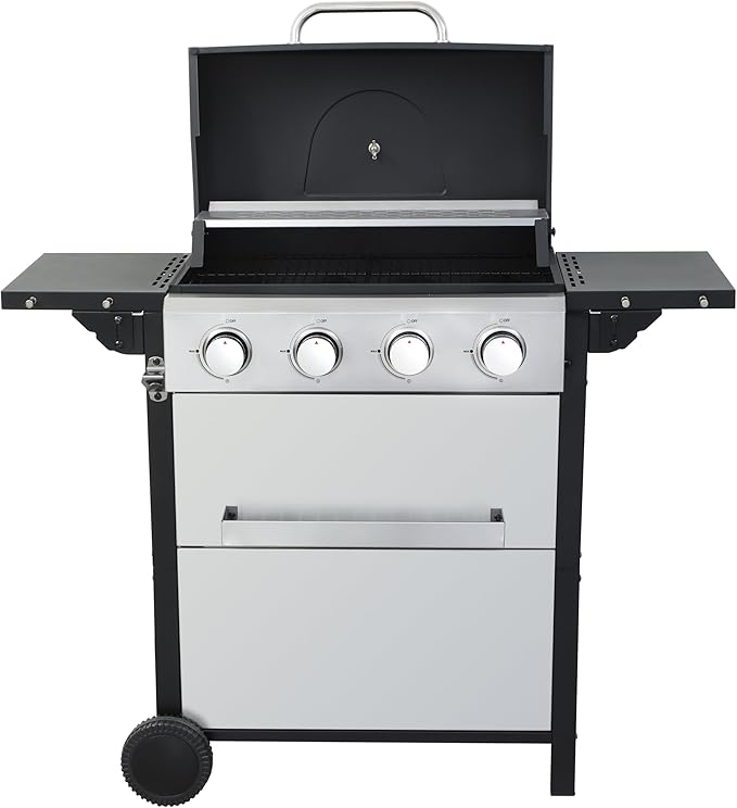 4-Burner Propane Gas BBQ Grill, 34200BTU Output With Wire Enamel Cooking Grids For Outdoor Barbecue, Foldable Side Table, Hanging Basket, Stainless Steel