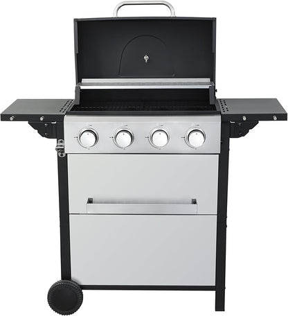 4-Burner Propane Gas BBQ Grill, 34200BTU Output With Wire Enamel Cooking Grids For Outdoor Barbecue, Foldable Side Table, Hanging Basket, Stainless Steel