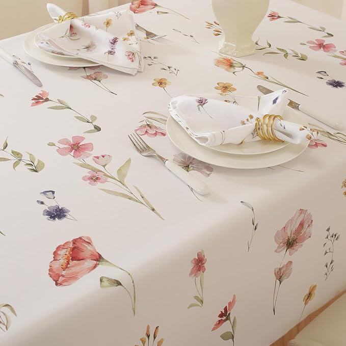 SASTYBALE Spring Summer Floral Tablecloth 60x120 Inch Rectangle | Watercolor Wildflower, Wrinkle-Free, Washable, Stain Resistant Table Cloth for Kitchen, Dining, Farmhouse, Holiday Decor